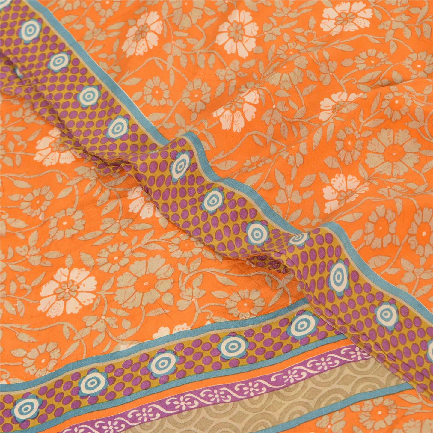 Sanskriti Vintage Sarees Orange Pure Crepe Silk Printed Sari 5+yd Craft Fabric