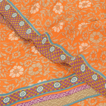 Sanskriti Vintage Sarees Orange Pure Crepe Silk Printed Sari 5+yd Craft Fabric