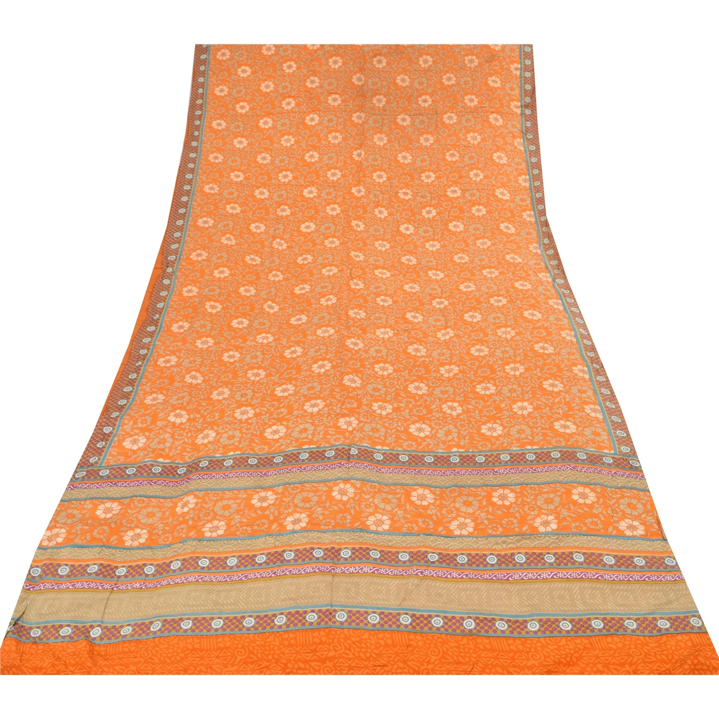 Sanskriti Vintage Sarees Orange Pure Crepe Silk Printed Sari 5+yd Craft Fabric