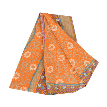 Sanskriti Vintage Sarees Orange Pure Crepe Silk Printed Sari 5+yd Craft Fabric