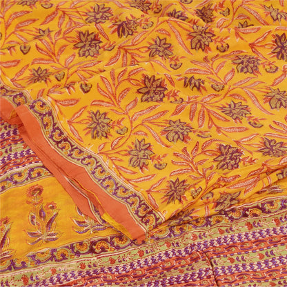 Sanskriti Vintage Sarees Yellow Pure Crepe Silk Printed Sari 5+yd Craft Fabric