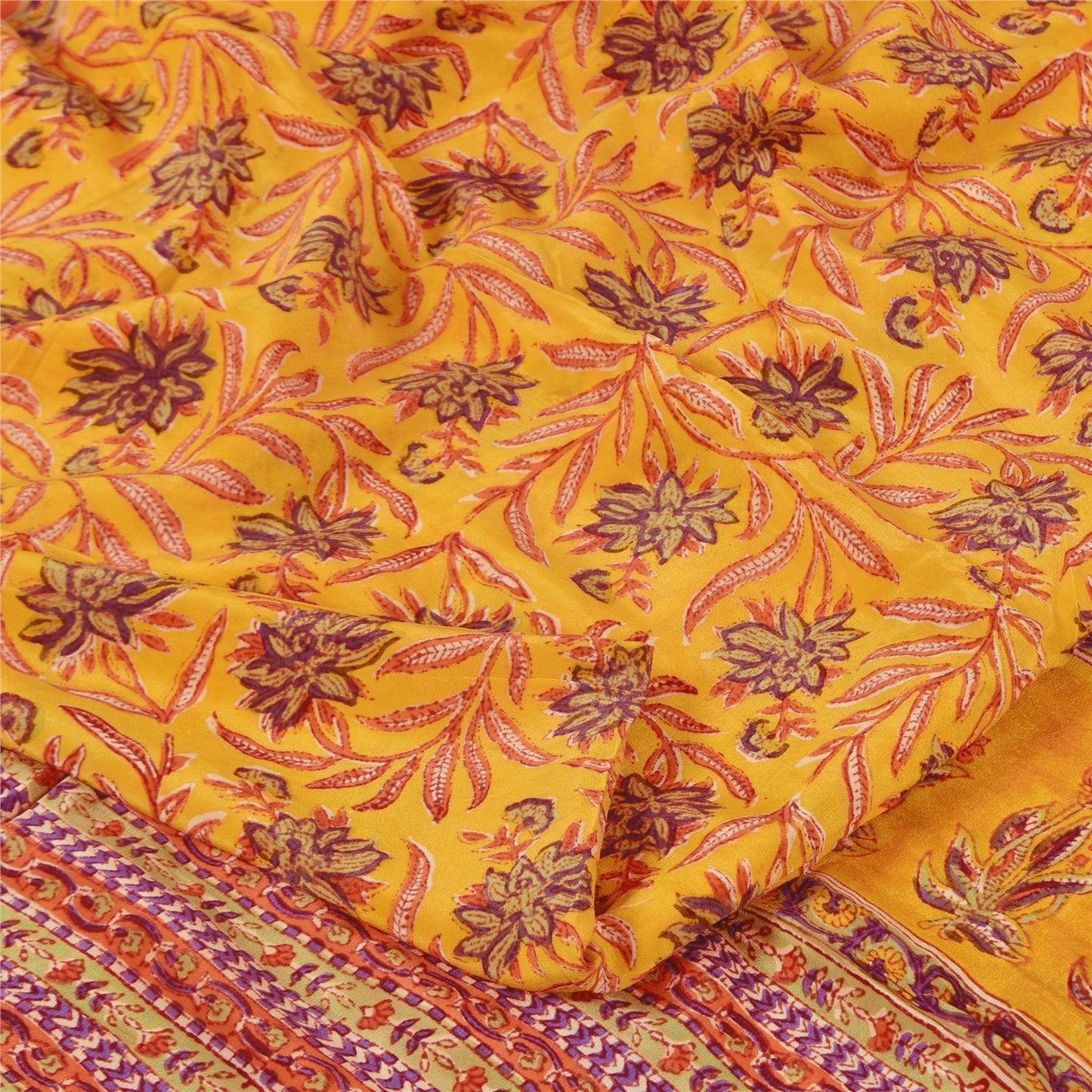 Sanskriti Vintage Sarees Yellow Pure Crepe Silk Printed Sari 5+yd Craft Fabric