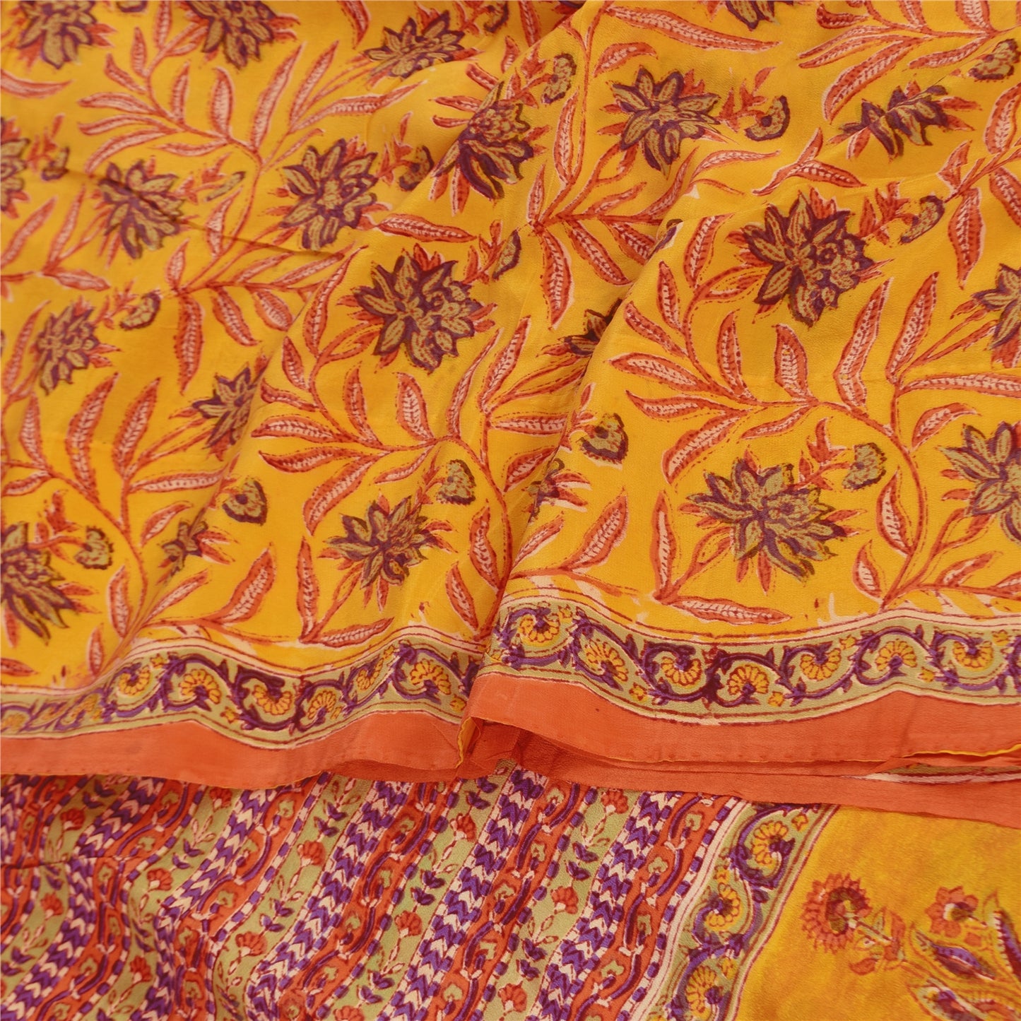 Sanskriti Vintage Sarees Yellow Pure Crepe Silk Printed Sari 5+yd Craft Fabric