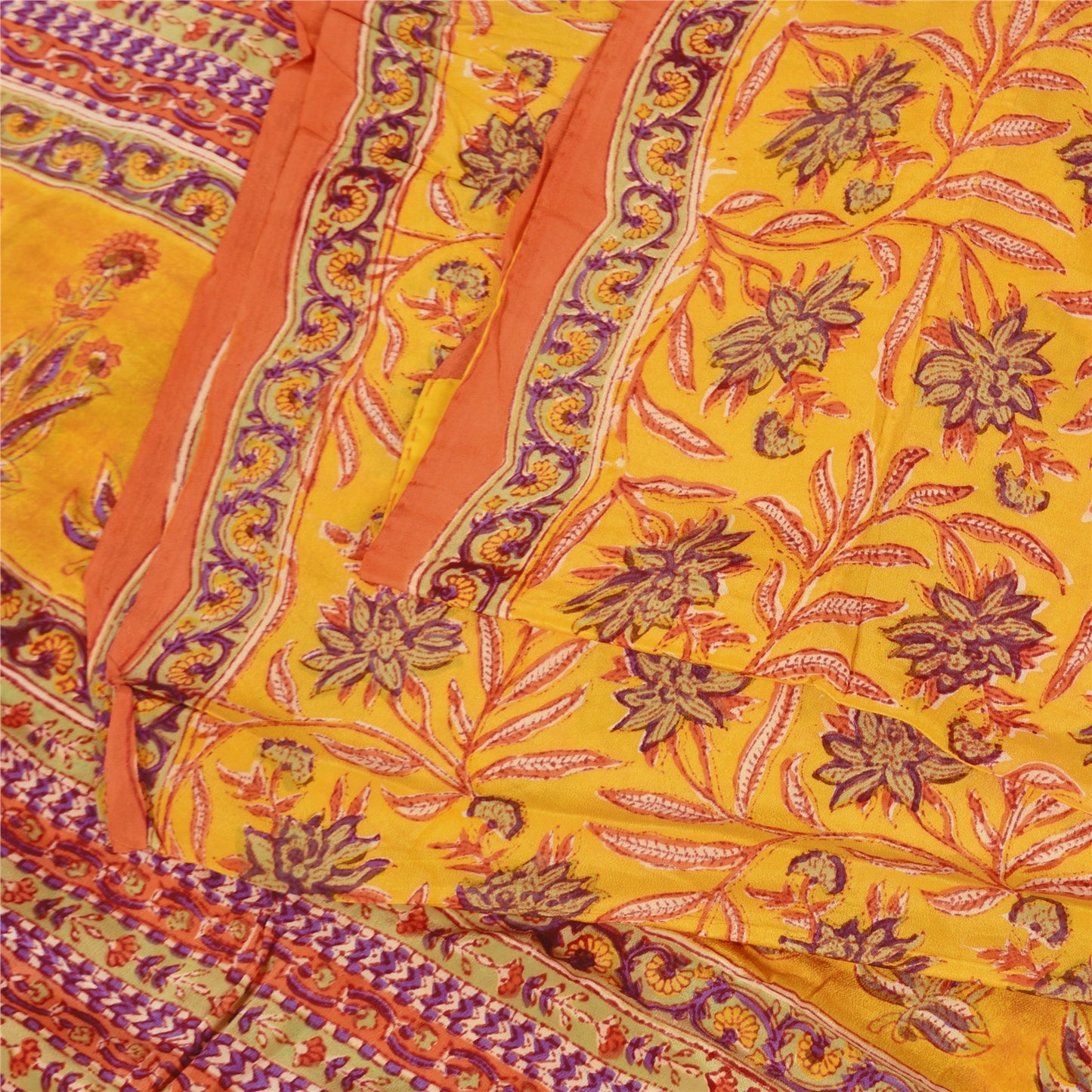 Sanskriti Vintage Sarees Yellow Pure Crepe Silk Printed Sari 5+yd Craft Fabric