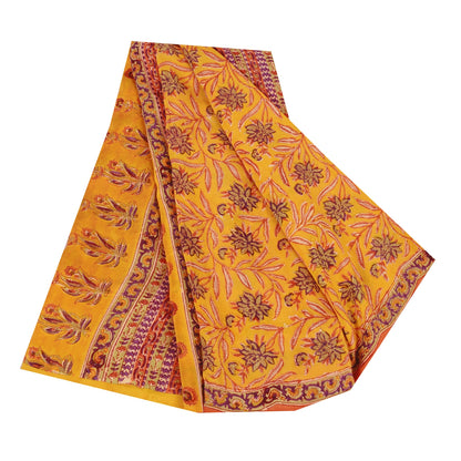 Sanskriti Vintage Sarees Yellow Pure Crepe Silk Printed Sari 5+yd Craft Fabric