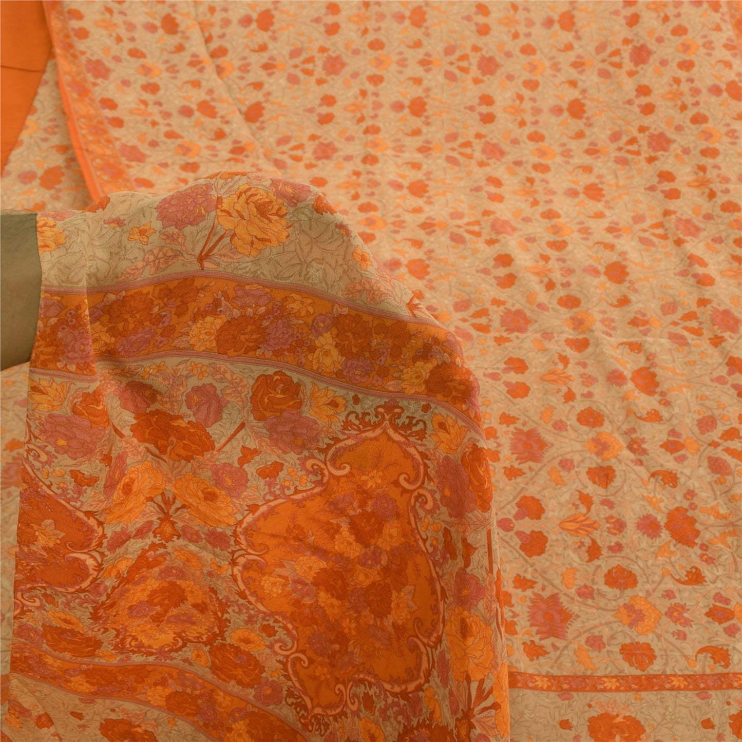 Sanskriti Vintage Sarees Cream/Orange Pure Crepe Printed Sari 6+yd Craft Fabric