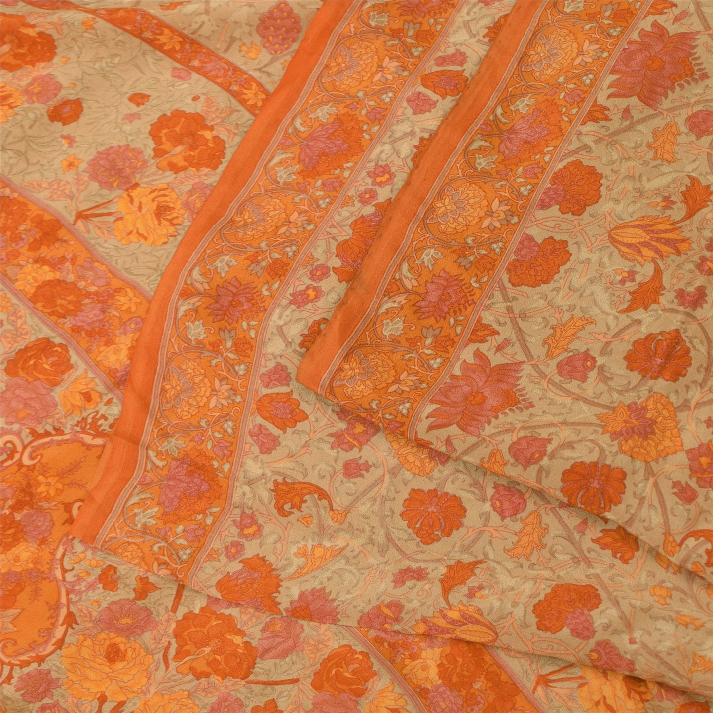 Sanskriti Vintage Sarees Cream/Orange Pure Crepe Printed Sari 6+yd Craft Fabric