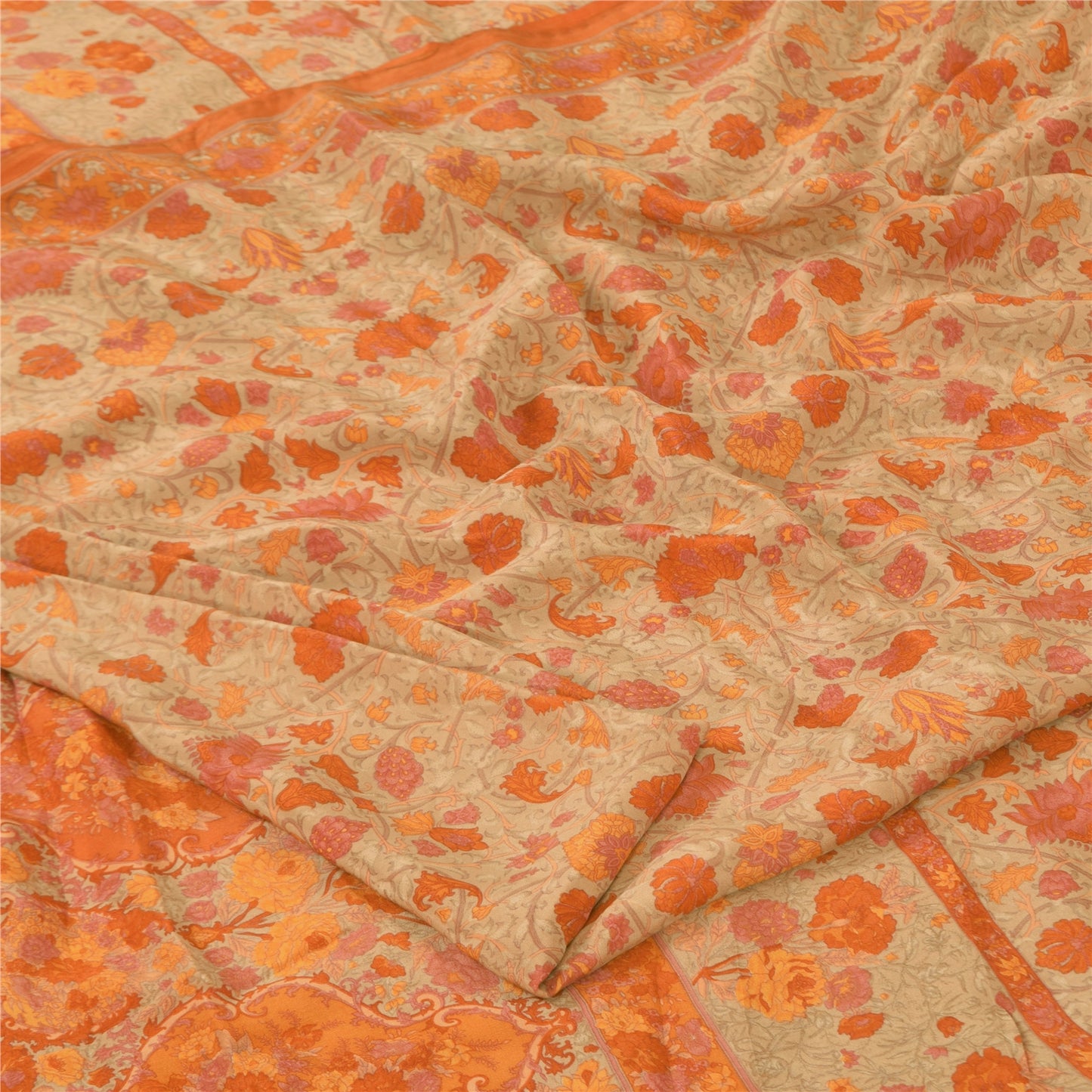 Sanskriti Vintage Sarees Cream/Orange Pure Crepe Printed Sari 6+yd Craft Fabric