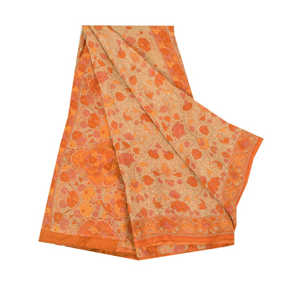 Sanskriti Vintage Sarees Cream/Orange Pure Crepe Printed Sari 6+yd Craft Fabric