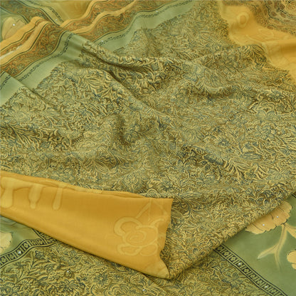 Sanskriti Vintage Sarees Yellow/Green Rhinestone Pure Crepe Printed Sari Fabric