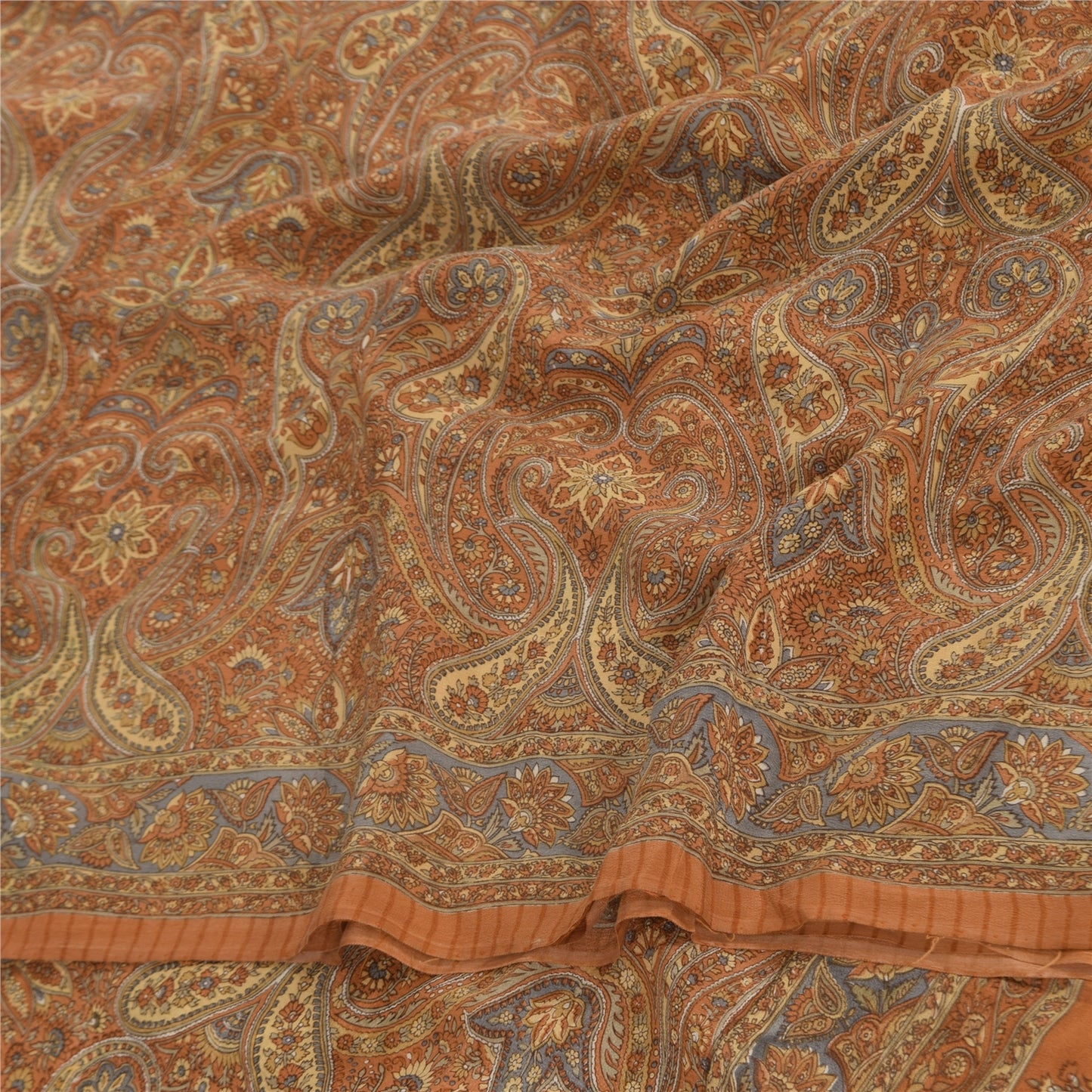 Sanskriti Vintage Sarees Orange Pure Crepe Silk Printed Sari 5+yd Craft Fabric