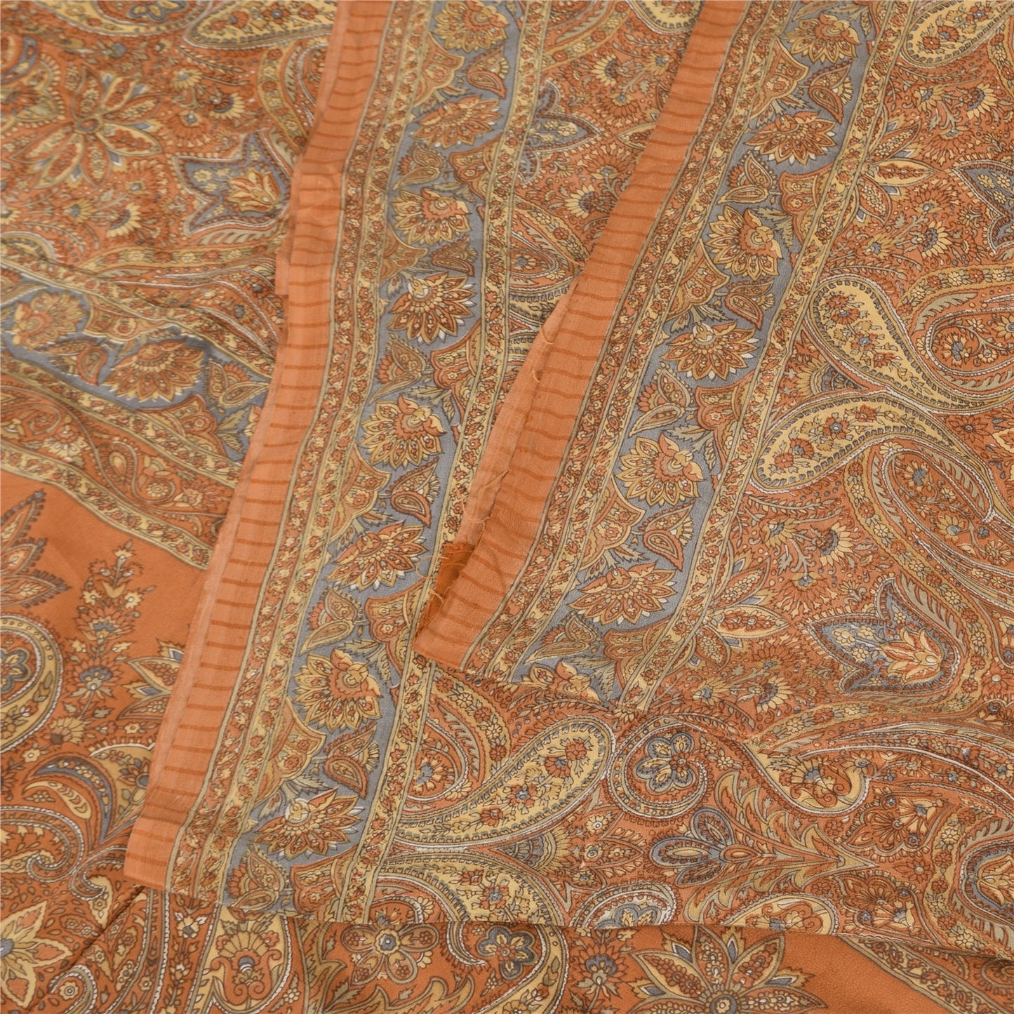 Sanskriti Vintage Sarees Orange Pure Crepe Silk Printed Sari 5+yd Craft Fabric