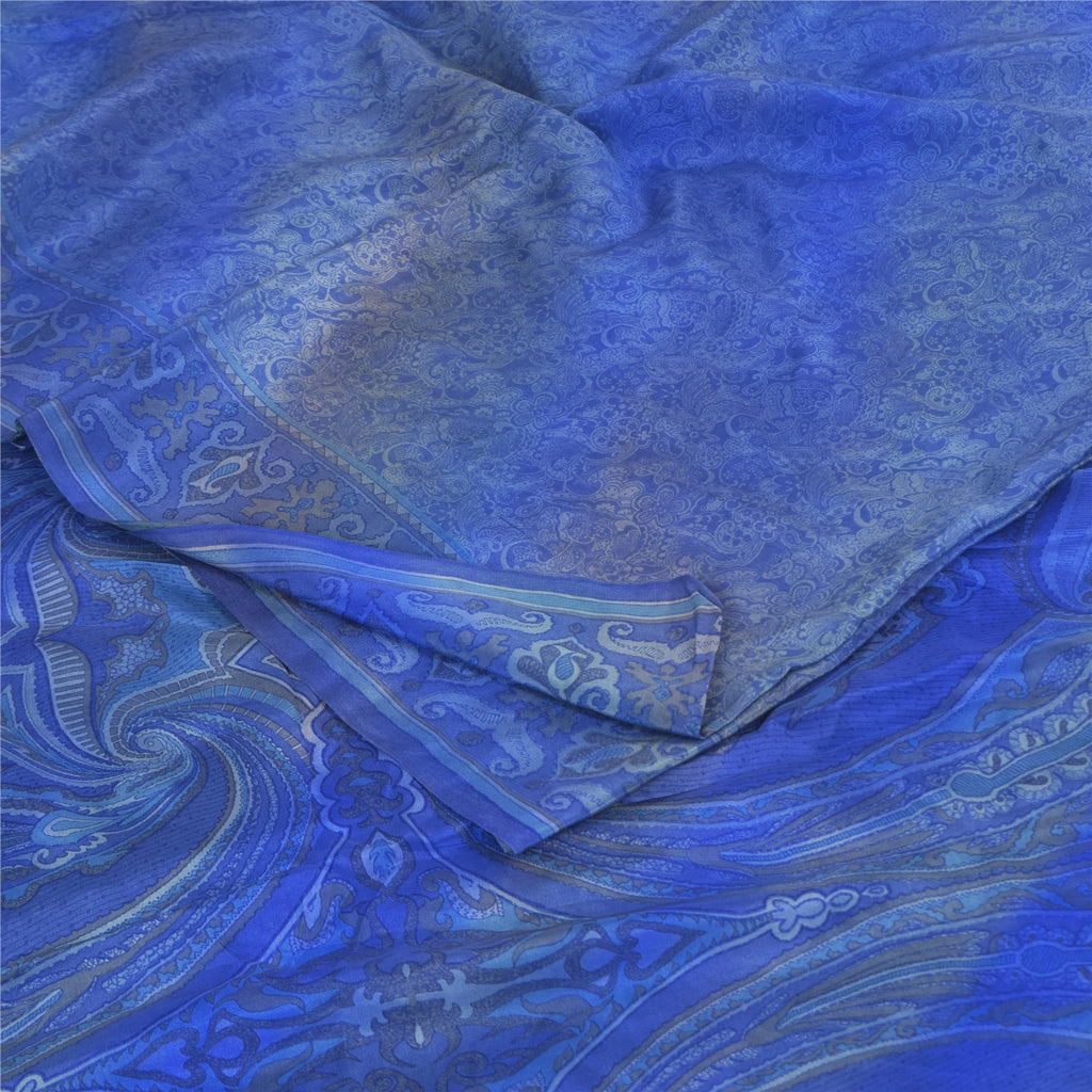 Sanskriti Vintage Sarees Blue Pure Crepe Silk Printed Sari 5+yd Craft Fabric