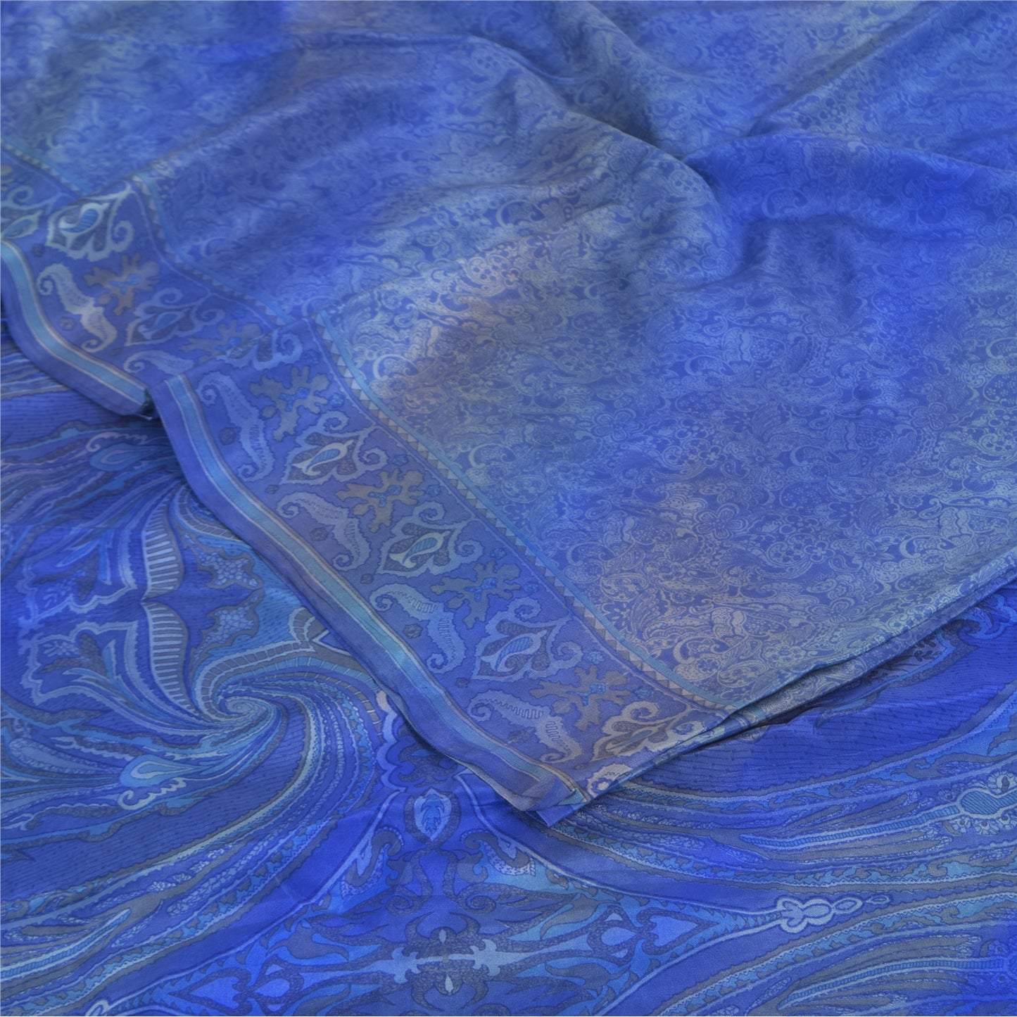 Sanskriti Vintage Sarees Blue Pure Crepe Silk Printed Sari 5+yd Craft Fabric