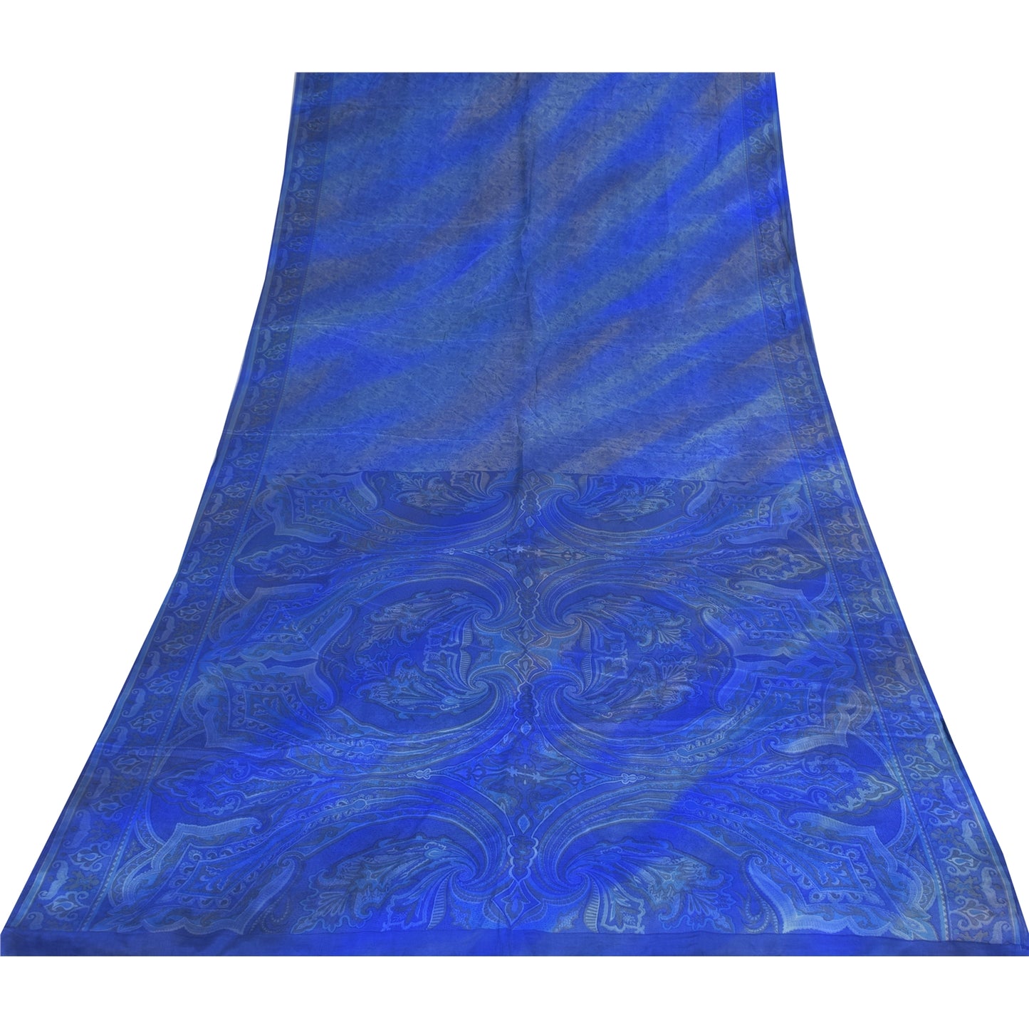 Sanskriti Vintage Sarees Blue Pure Crepe Silk Printed Sari 5+yd Craft Fabric