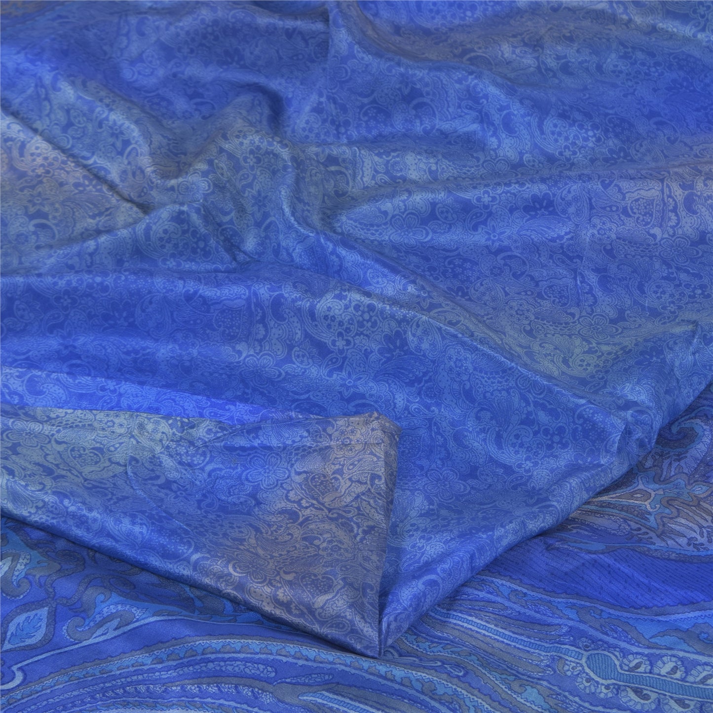 Sanskriti Vintage Sarees Blue Pure Crepe Silk Printed Sari 5+yd Craft Fabric