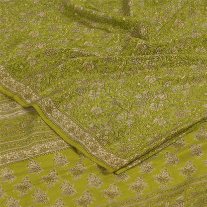 Sanskriti Vintage Sarees Green Pure Crepe Silk Printed Sari 5+yd Craft Fabric