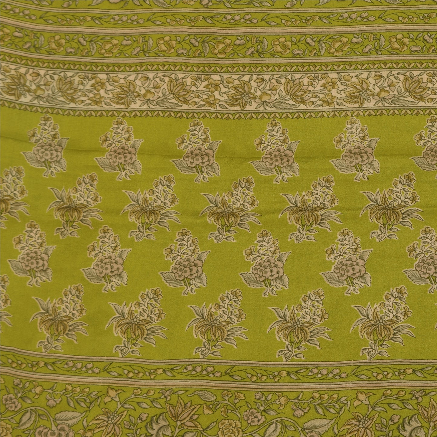 Sanskriti Vintage Sarees Green Pure Crepe Silk Printed Sari 5+yd Craft Fabric