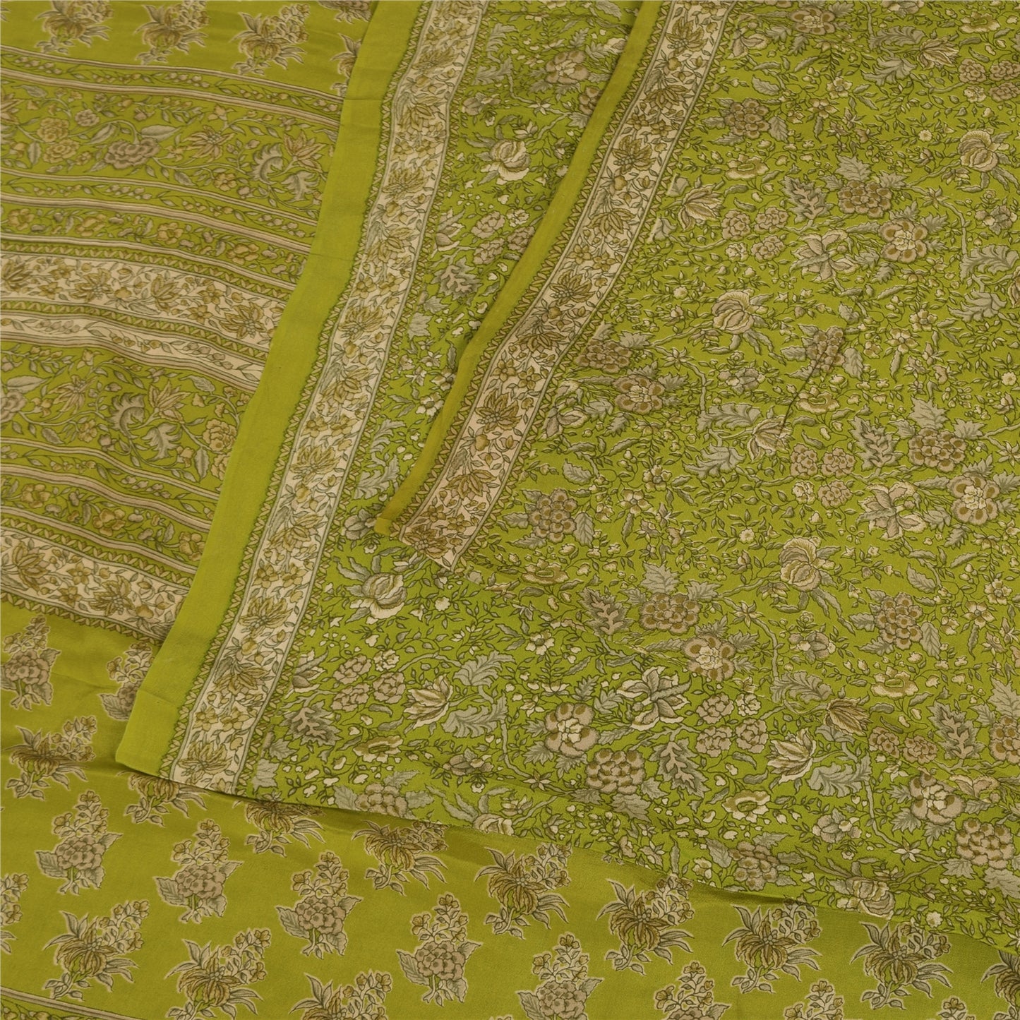 Sanskriti Vintage Sarees Green Pure Crepe Silk Printed Sari 5+yd Craft Fabric