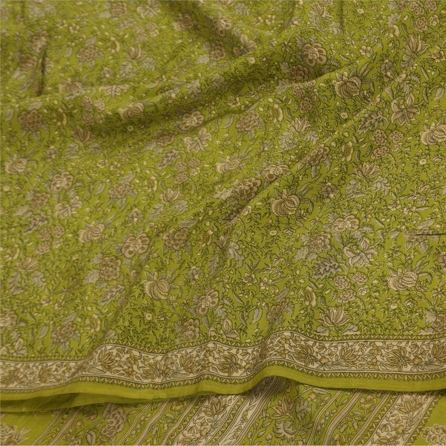 Sanskriti Vintage Sarees Green Pure Crepe Silk Printed Sari 5+yd Craft Fabric