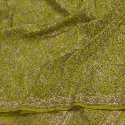 Sanskriti Vintage Sarees Green Pure Crepe Silk Printed Sari 5+yd Craft Fabric