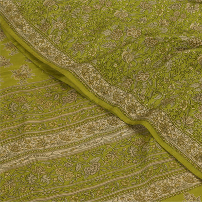 Sanskriti Vintage Sarees Green Pure Crepe Silk Printed Sari 5+yd Craft Fabric