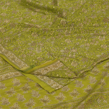 Sanskriti Vintage Sarees Green Pure Crepe Silk Printed Sari 5+yd Craft Fabric