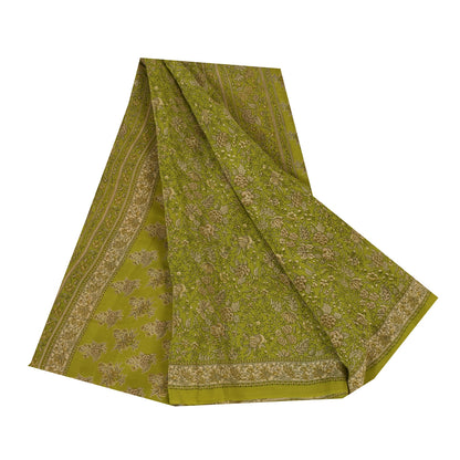 Sanskriti Vintage Sarees Green Pure Crepe Silk Printed Sari 5+yd Craft Fabric