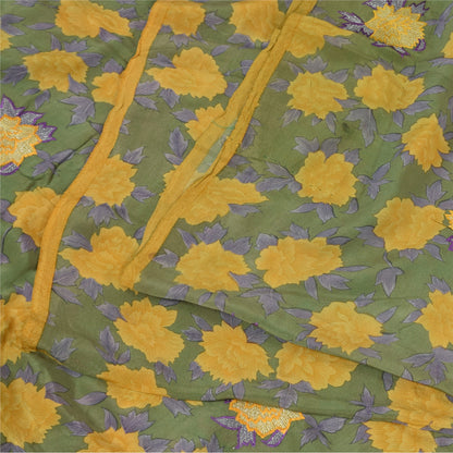 Sanskriti Vintage Sarees Green/Yellow Pure Crepe Printed Sari 5+yd Craft Fabric