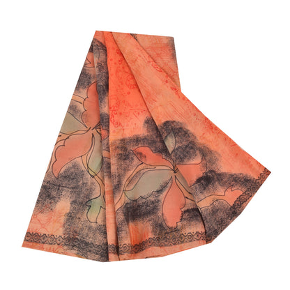 Sanskriti Vintage Sarees Peach/Red Pure Crepe Silk Print Sari 5+yd Craft Fabric