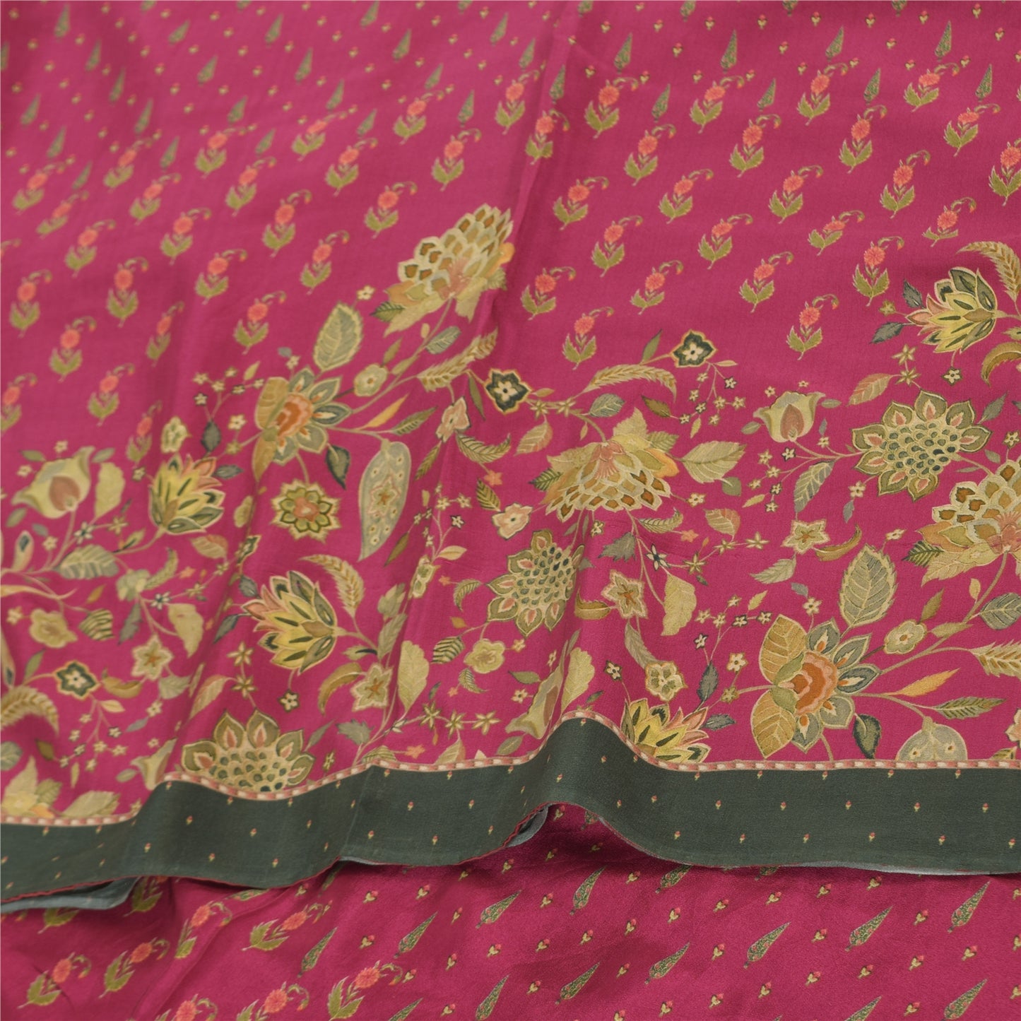 Sanskriti Vintage Sarees Hot Pink Pure Crepe Silk Printed Sari 5+yd Craft Fabric