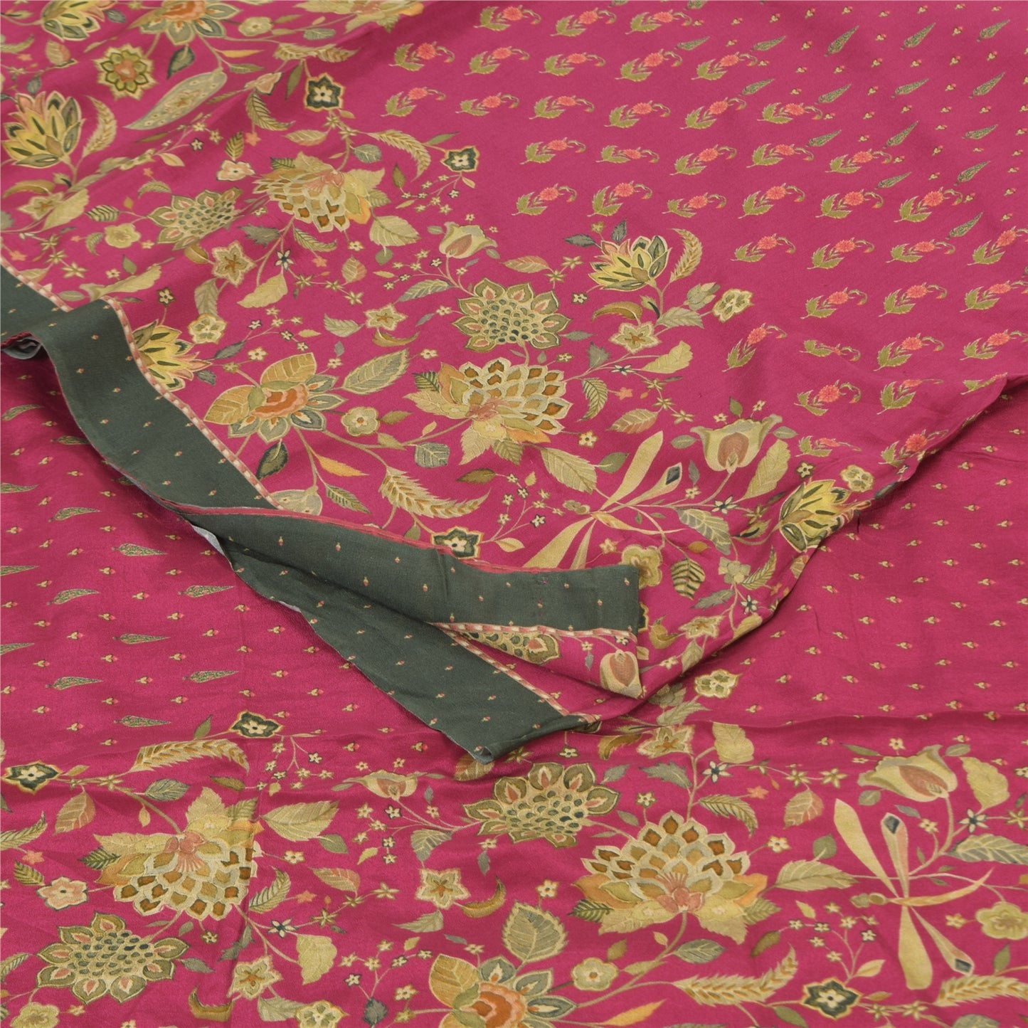 Sanskriti Vintage Sarees Hot Pink Pure Crepe Silk Printed Sari 5+yd Craft Fabric