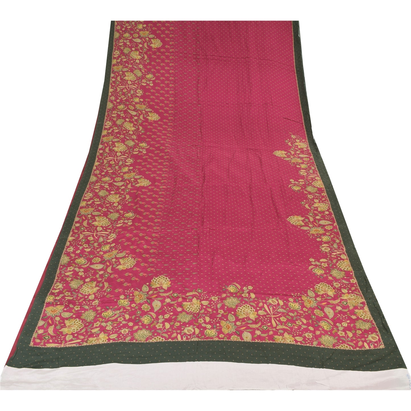 Sanskriti Vintage Sarees Hot Pink Pure Crepe Silk Printed Sari 5+yd Craft Fabric