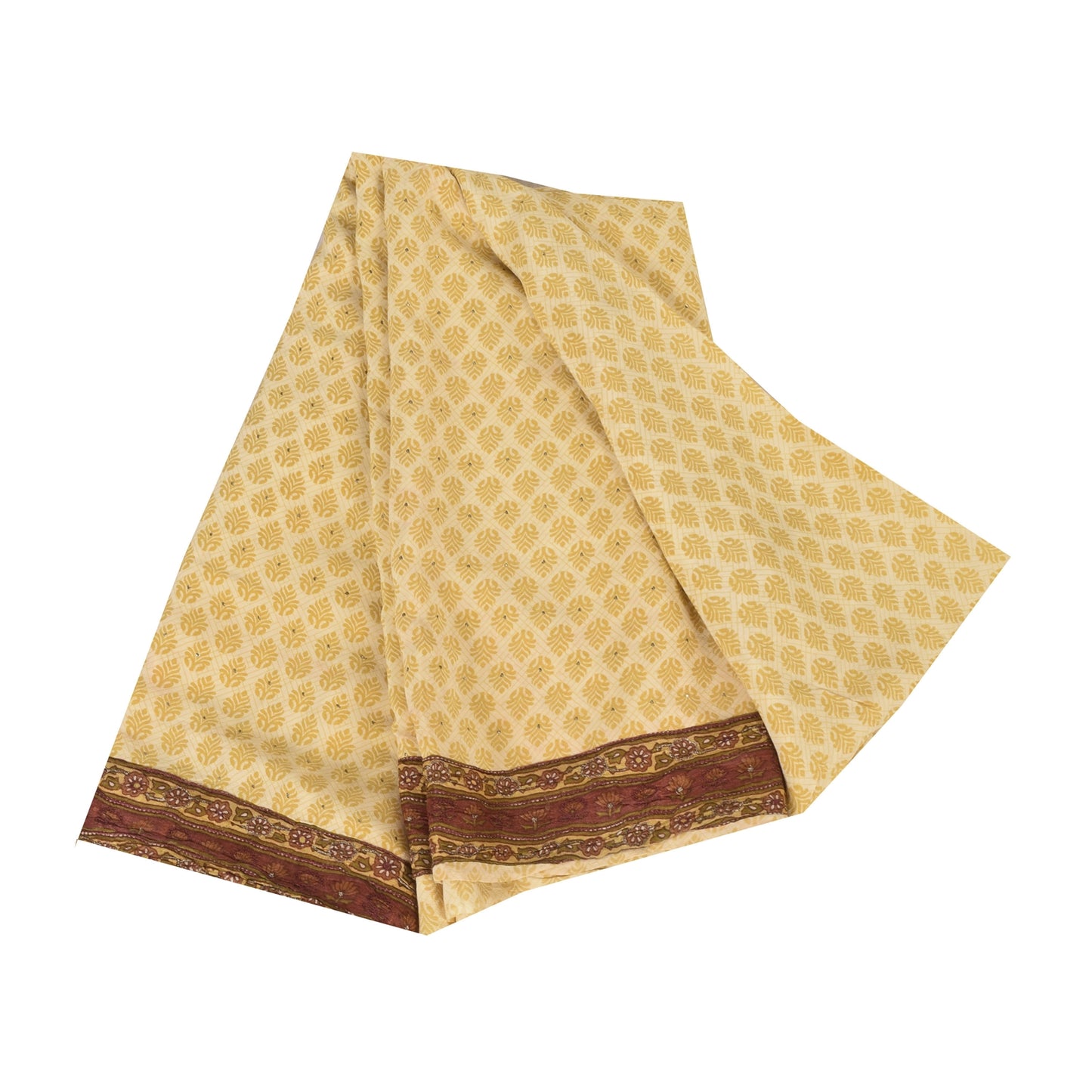 Sanskriti Vintage Sarees Lemon Pure Crepe Mukesh Work Printed Sari 5+yd Fabric