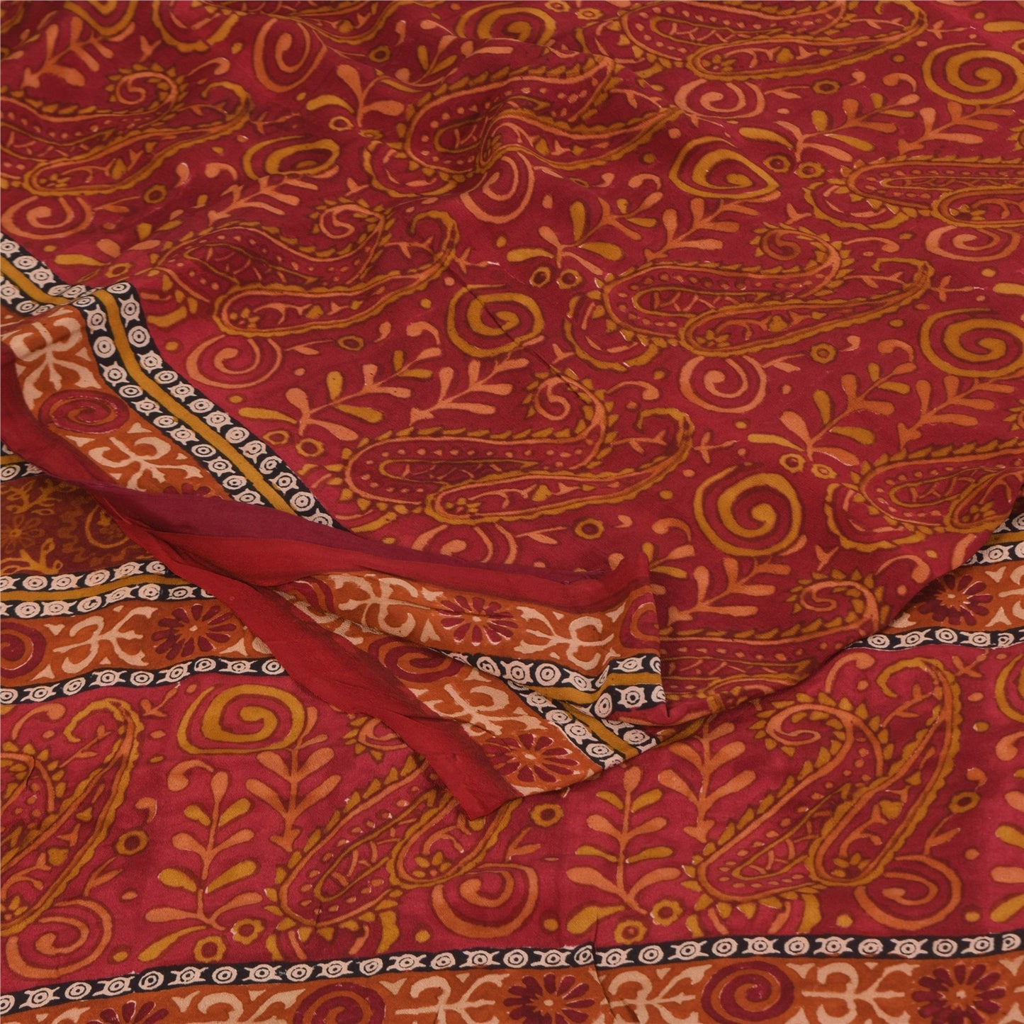 Sanskriti Vintage Sarees Red 100% Pure Crepe Silk Printed Sari 5+yd Craft Fabric