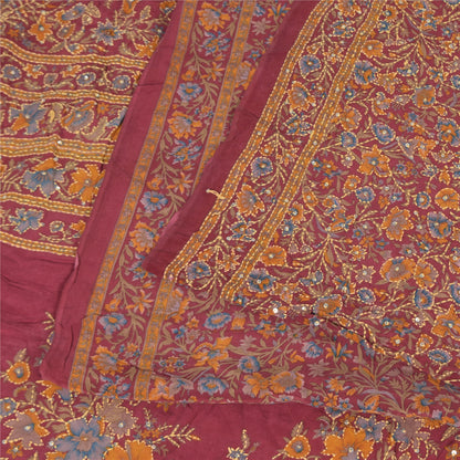 Sanskriti Vintage Sarees Dark Red Pure Crepe Silk Printed Sari 6+yd Craft Fabric