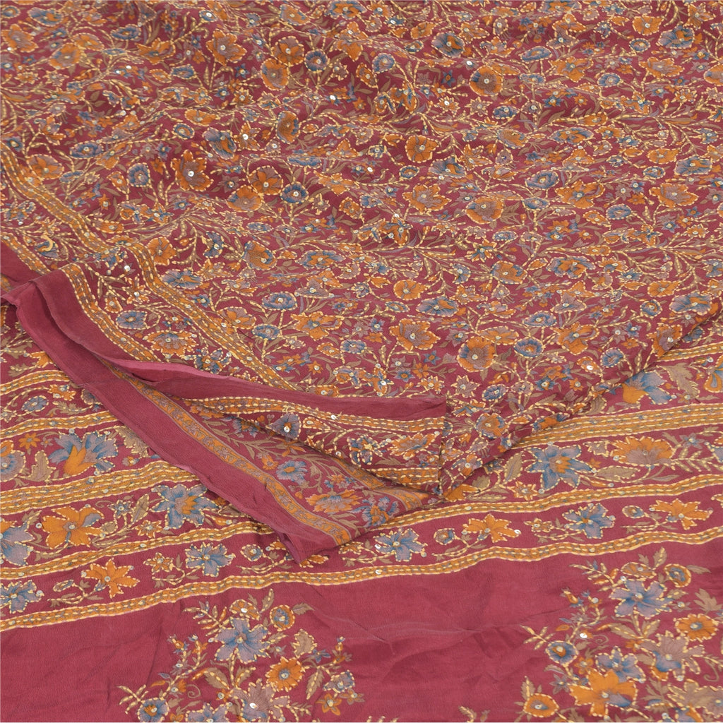 Sanskriti Vintage Sarees Dark Red Pure Crepe Silk Printed Sari 6+yd Craft Fabric