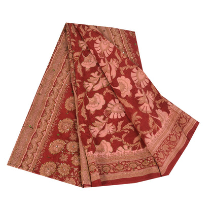 Sanskriti Vintage Sarees Red/Pink Pure Crepe Printed Embroidered Sari Fabric