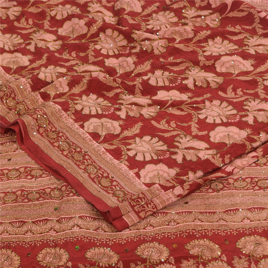 Sanskriti Vintage Sarees Red/Pink Pure Crepe Printed Embroidered Sari Fabric