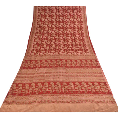 Sanskriti Vintage Sarees Red/Pink Pure Crepe Printed Embroidered Sari Fabric