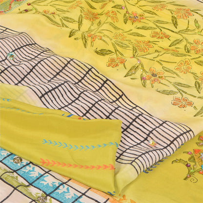 Sanskriti Vintage Sarees Yellow Pure Crepe Silk Printed Sari 5+yd Craft Fabric