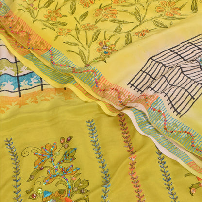 Sanskriti Vintage Sarees Yellow Pure Crepe Silk Printed Sari 5+yd Craft Fabric