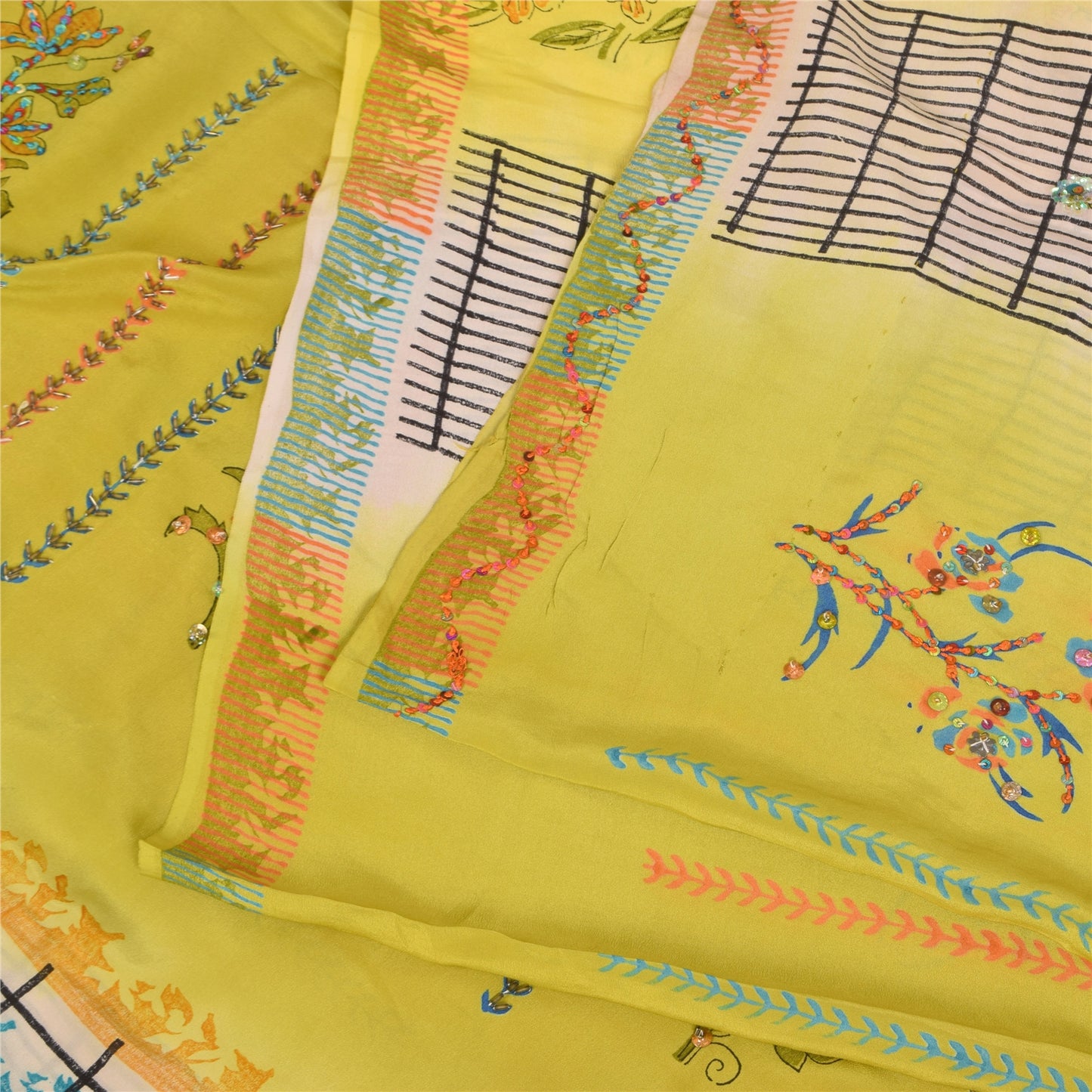 Sanskriti Vintage Sarees Yellow Pure Crepe Silk Printed Sari 5+yd Craft Fabric