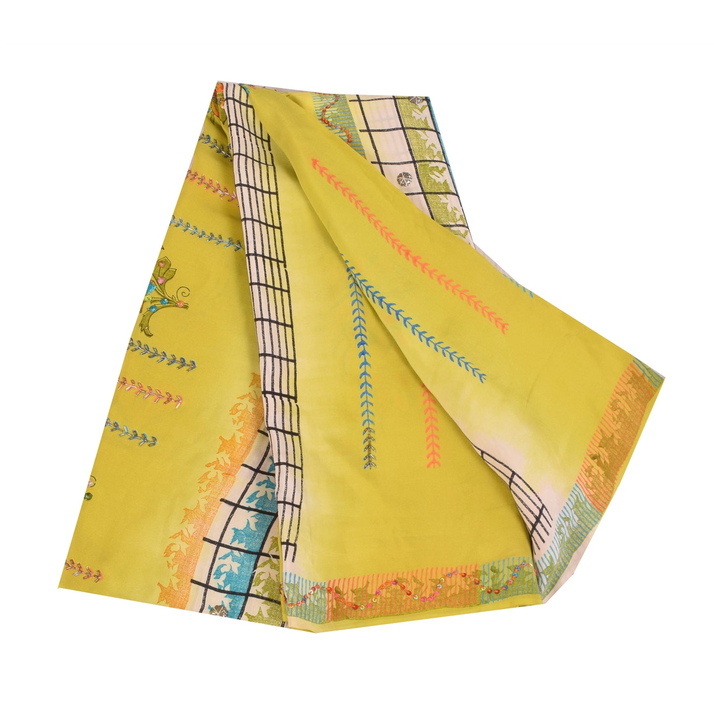 Sanskriti Vintage Sarees Yellow Pure Crepe Silk Printed Sari 5+yd Craft Fabric