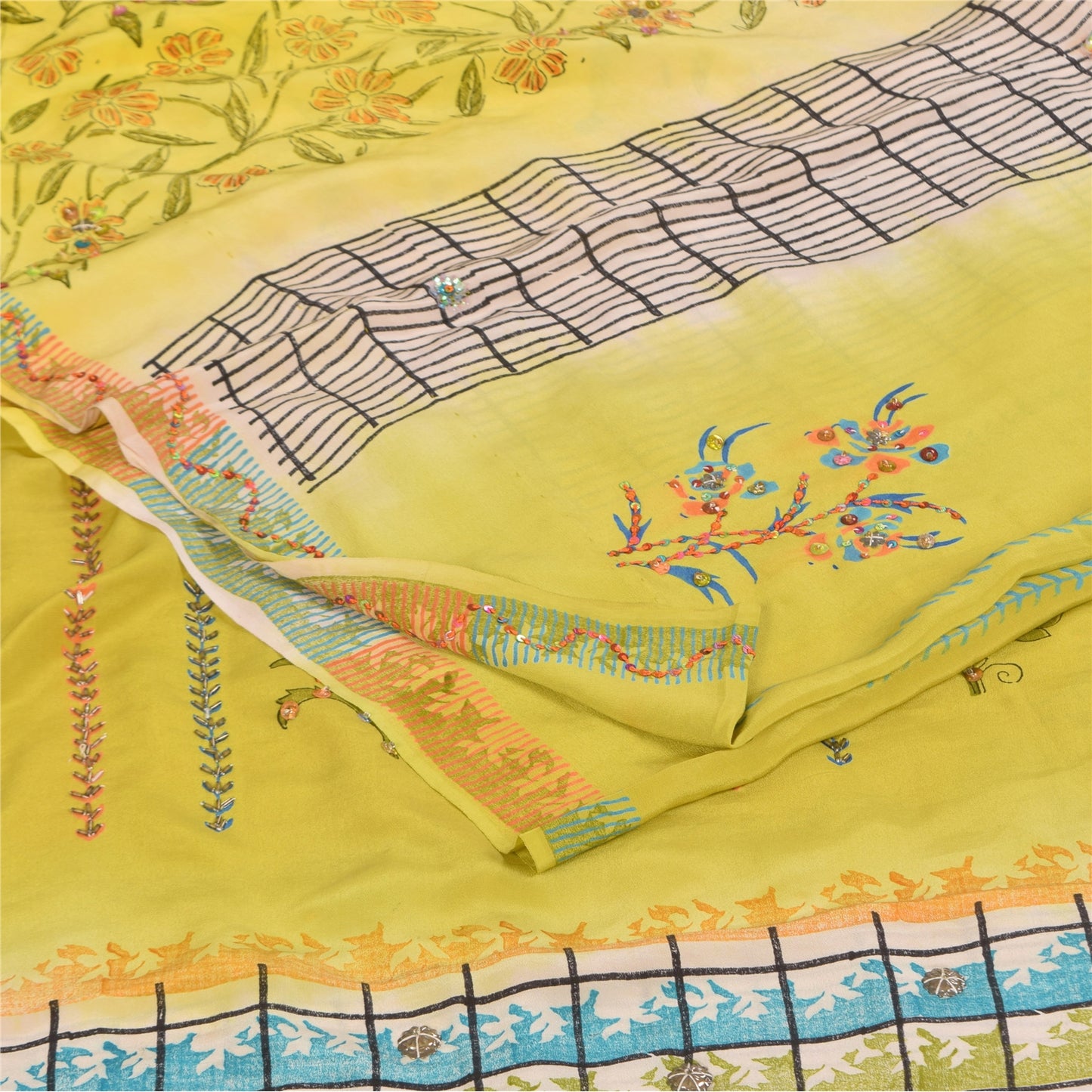 Sanskriti Vintage Sarees Yellow Pure Crepe Silk Printed Sari 5+yd Craft Fabric