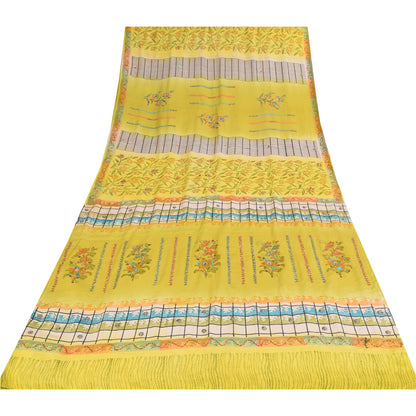 Sanskriti Vintage Sarees Yellow Pure Crepe Silk Printed Sari 5+yd Craft Fabric