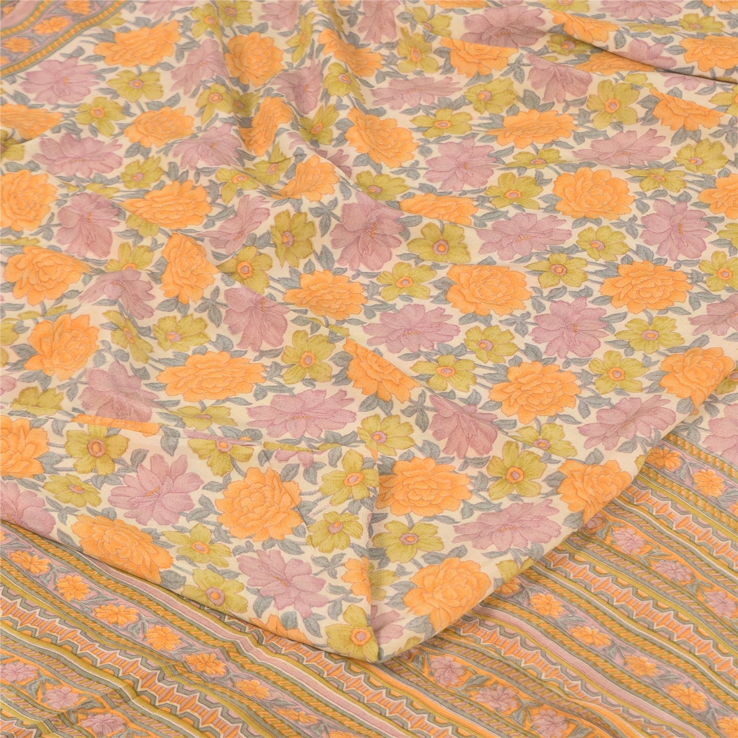 Sanskriti Vintage Sarees Multi Pure Crepe Silk Printed Sari 5+yd Craft Fabric