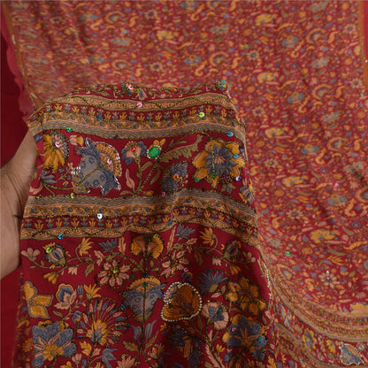 Sanskriti Vintage Sarees Red Pure Crepe Silk Printed Sari 5+yd Craft Fabric