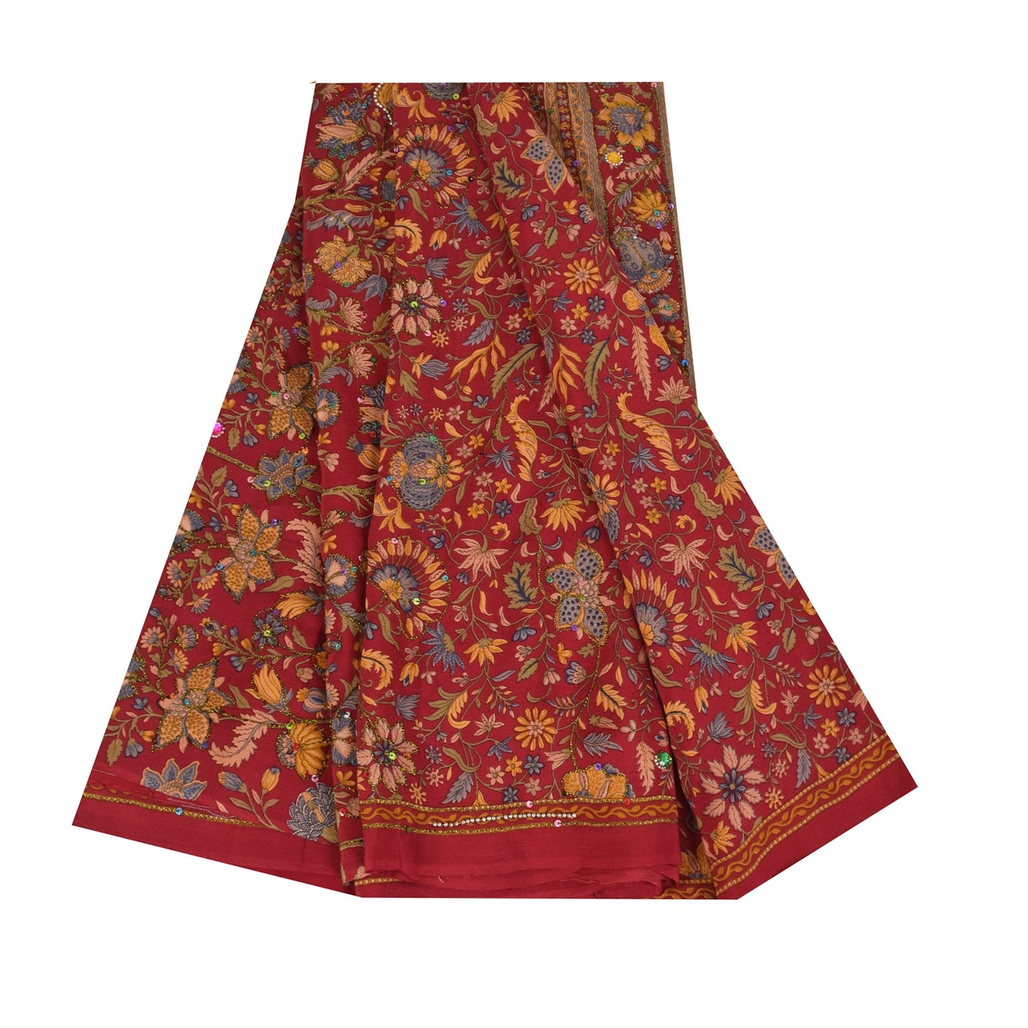 Sanskriti Vintage Sarees Red Pure Crepe Silk Printed Sari 5+yd Craft Fabric