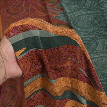 Sanskriti Vintage Sarees Green/Orange Pure Crepe Silk Printed Sari 5+yd Fabric